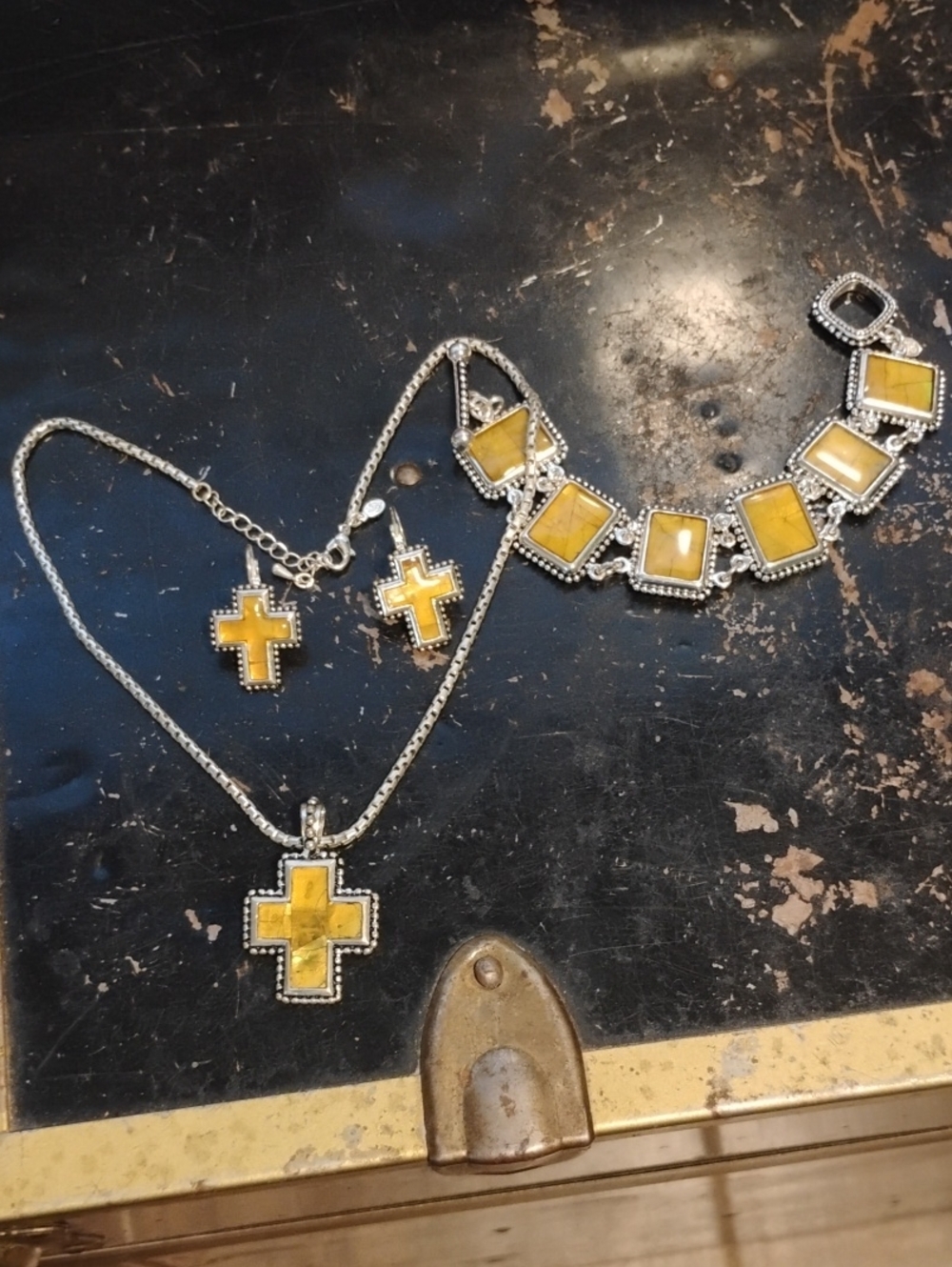 Yellow Cross Pendant Necklace and Bracelet Set - Women's Silver-Tone Jewelry